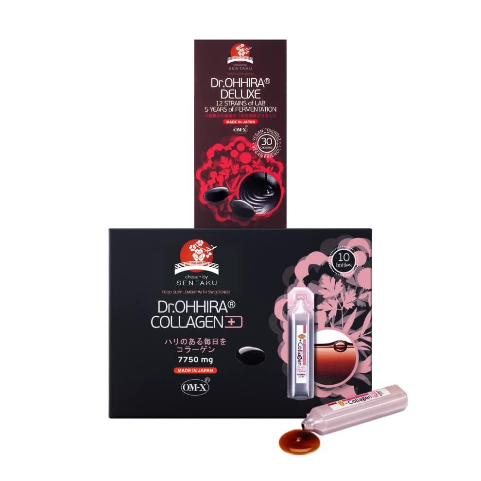 Dr.OHHIRA® DELUXE -maitohappobakteerikapselit ja KOLLAGEENI+ -juoma, jossa on 10 ampullia à 20 ml.