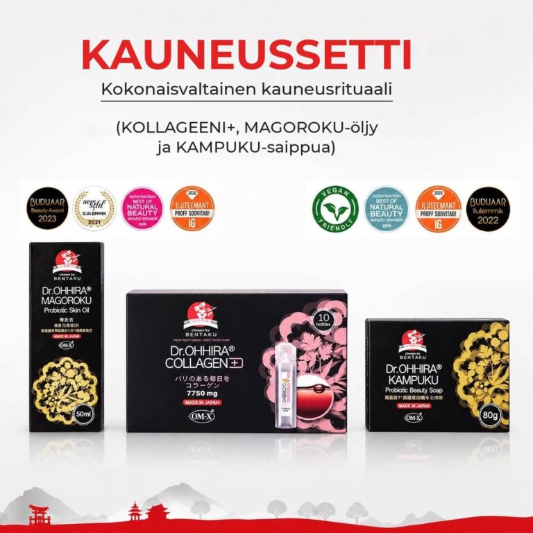 KAUNEUSSETTI: KOLLAGEENI+, MAGOROKU-ihonhoitoöljy ja KAMPUKU-kauneussaippua