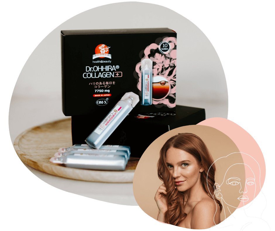 Dr.OHHIRA® KOLLAGEENI+ -pakkaus ja 20 ml:n ampullit.