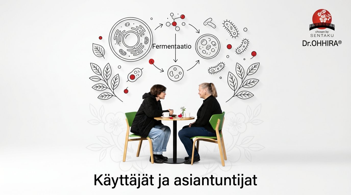 Kaksi naista keskustelee pöydän ääressä, taustalla kaavio fermentaatiosta ja teksti: Käyttäjät ja asiantuntijat.