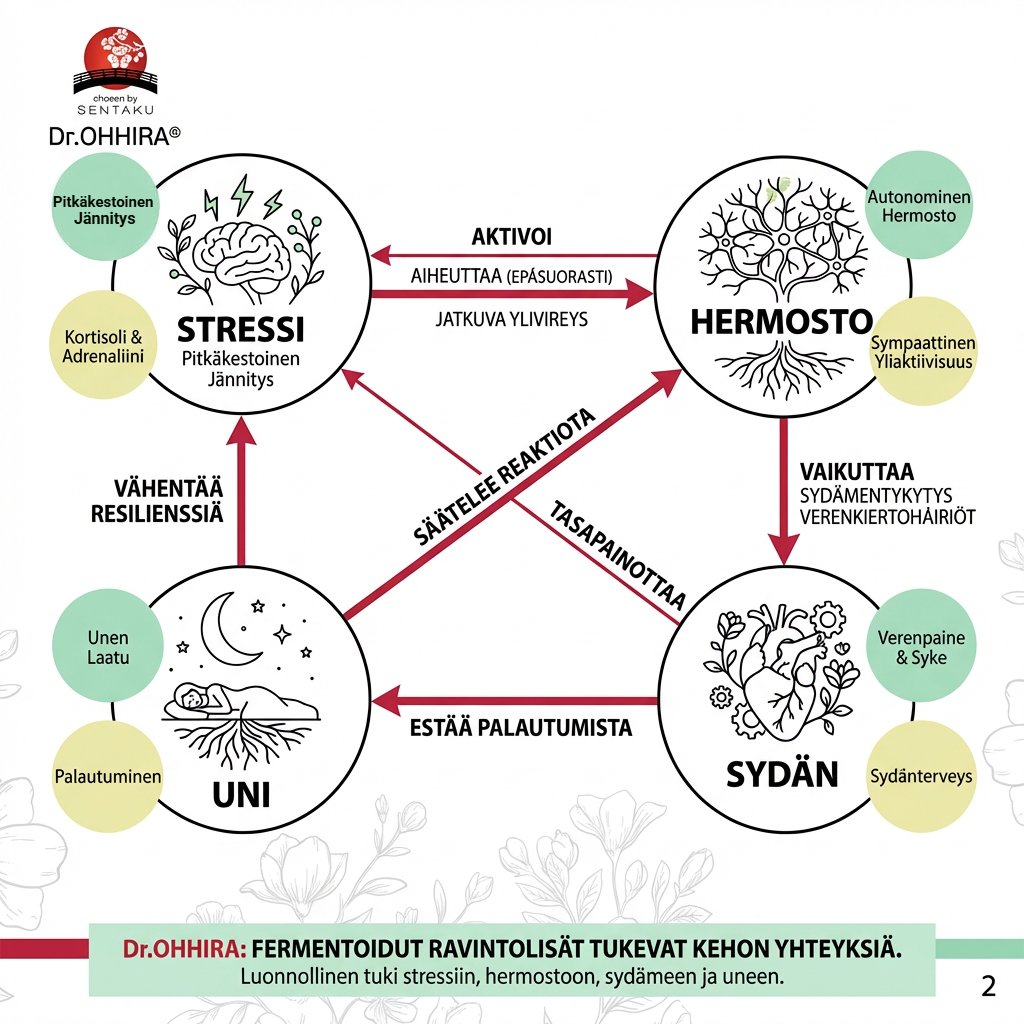 Kuva esittää kehon stressin, hermoston, sydämen ja unen välisiä yhteyksiä ja vaikutuksia.