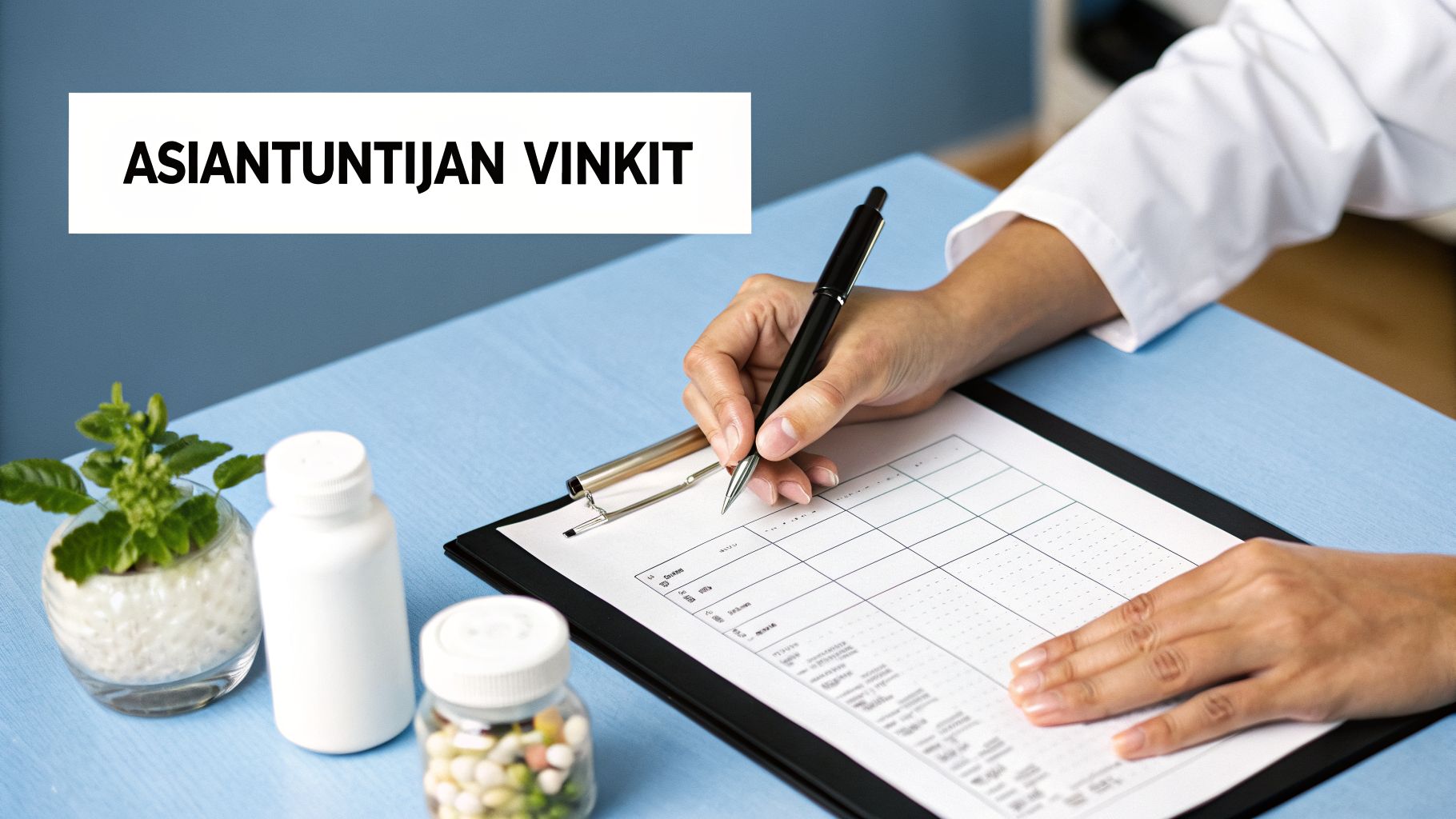 Lääkäri tai asiantuntija kirjoittaa muistikirjaan pöydällä, jolla on lääkepulloja ja kasvi. Yläpuolella teksti Asiantuntijan vinkit.