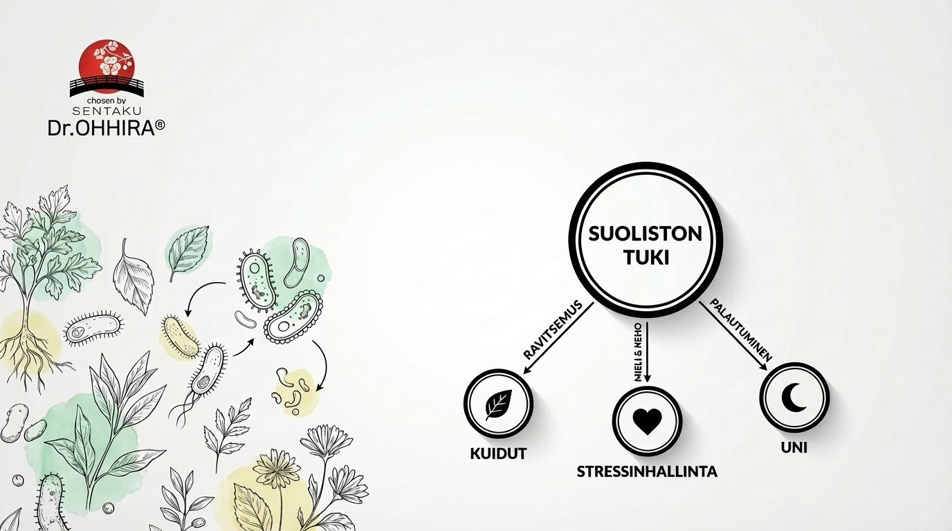 Kaavio esittää suoliston tuen elementtejä: kuidut, stressinhallinta ja uni, kuvitettuna kasvien ja bakteerien kanssa.