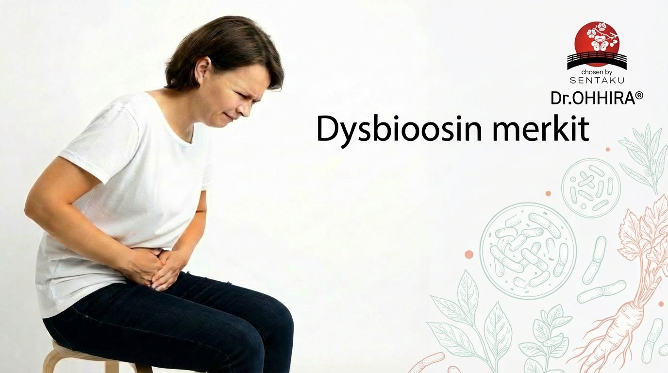 Nainen pitelee vatsaansa kivun merkkinä, vieressä teksti 'Dysbioosin merkit' ja Dr.OHHIRA®-logo.