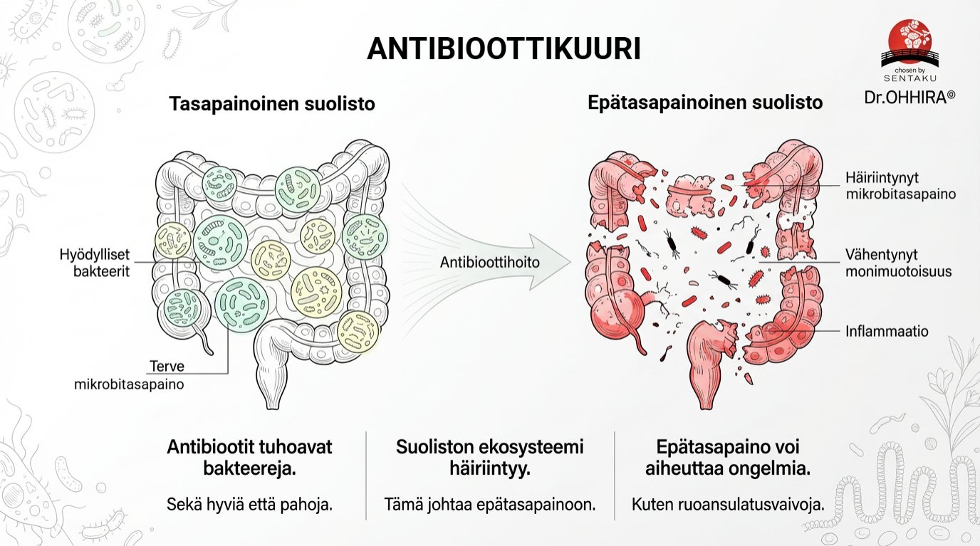 Kuva näyttää antibioottien vaikutuksen suoliston mikrobistoon: tasapainoisesta epätasapainoiseen tilaan.