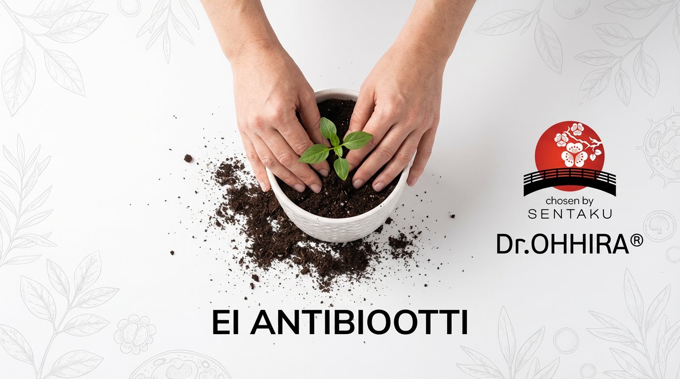 Dr.OHHIRA® antibiootti - Kädet istuttavat pientä vihreää kasvia valkoiseen ruukkuun. Maata on levinnyt ympäriinsä. Kuva sisältää Dr.OHHIRA®-logon ja tekstin 'EI ANTIBIOOTTI'.