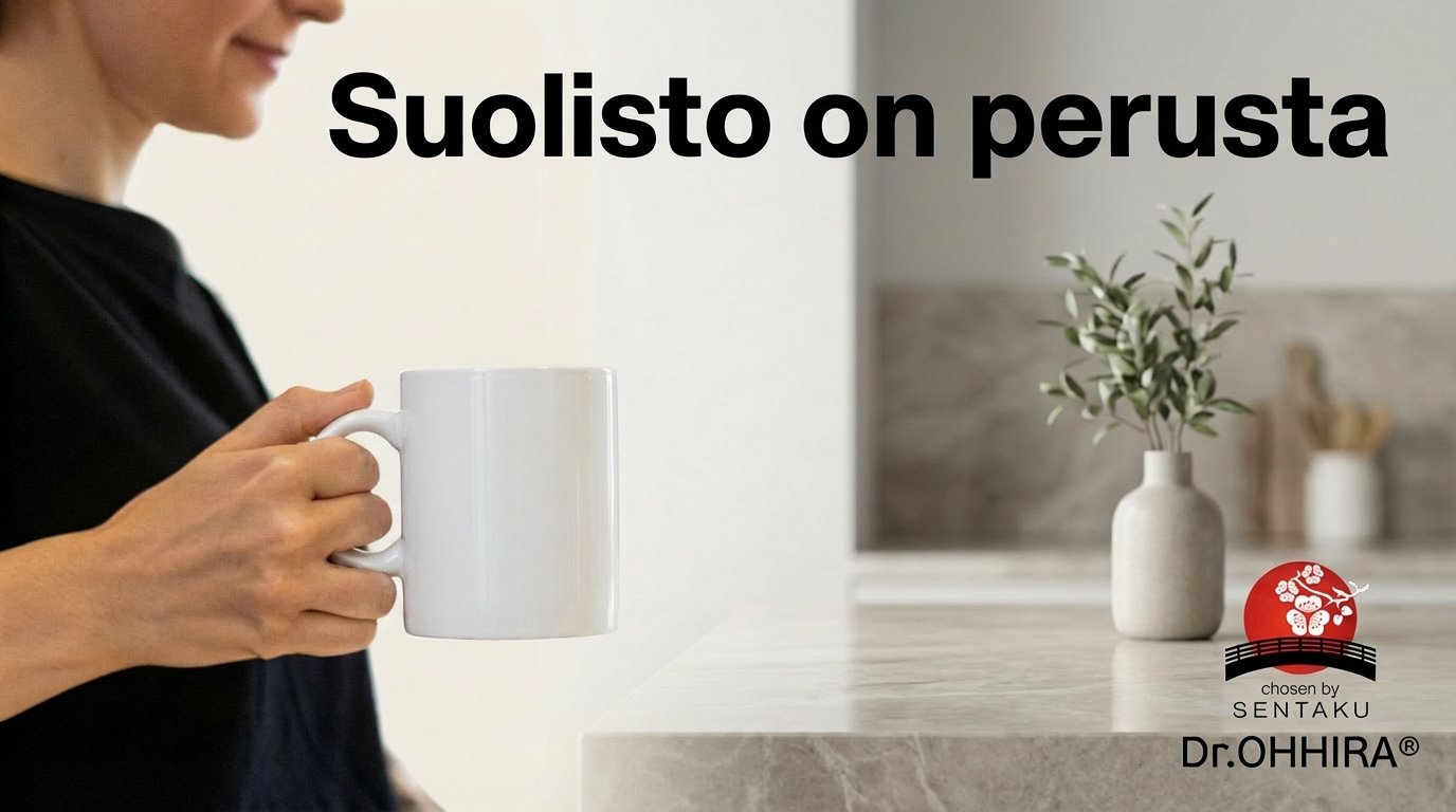 Dr.OHHIRA® suolisto - Kädessä valkoinen muki, taustalla teksti 'Suolisto on perusta', keittiö ja Dr.OHHIRA®-logo.