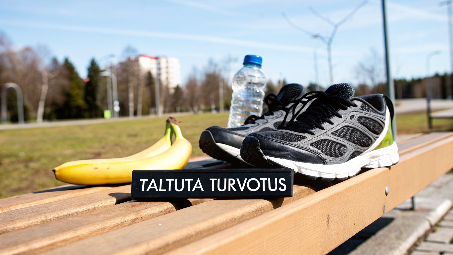 Juoksukengät, vesipullo ja banaanit puiston penkillä. Kyltissä lukee TALTUTA TURVOTUS.