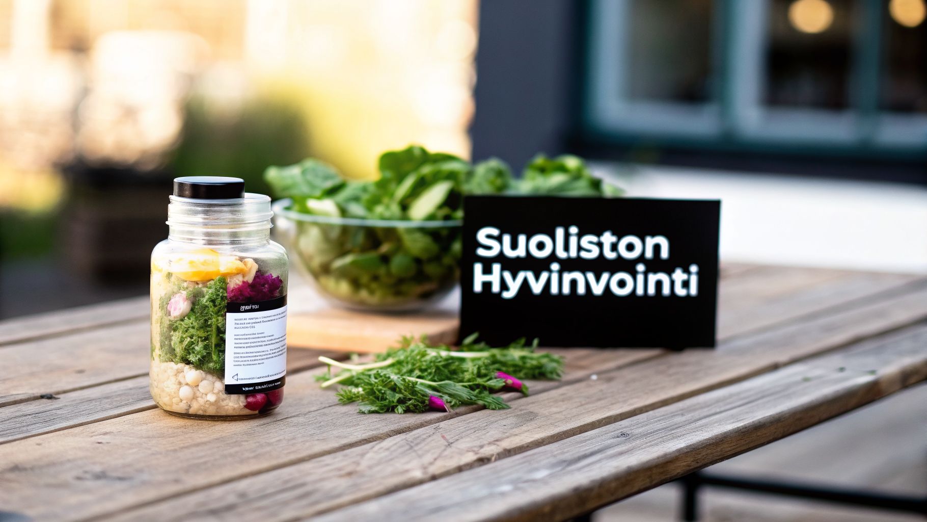 Värillinen salaatti purkissa, tuoreita vihreitä ja kyltti suoliston hyvinvoinnista puupöydällä.