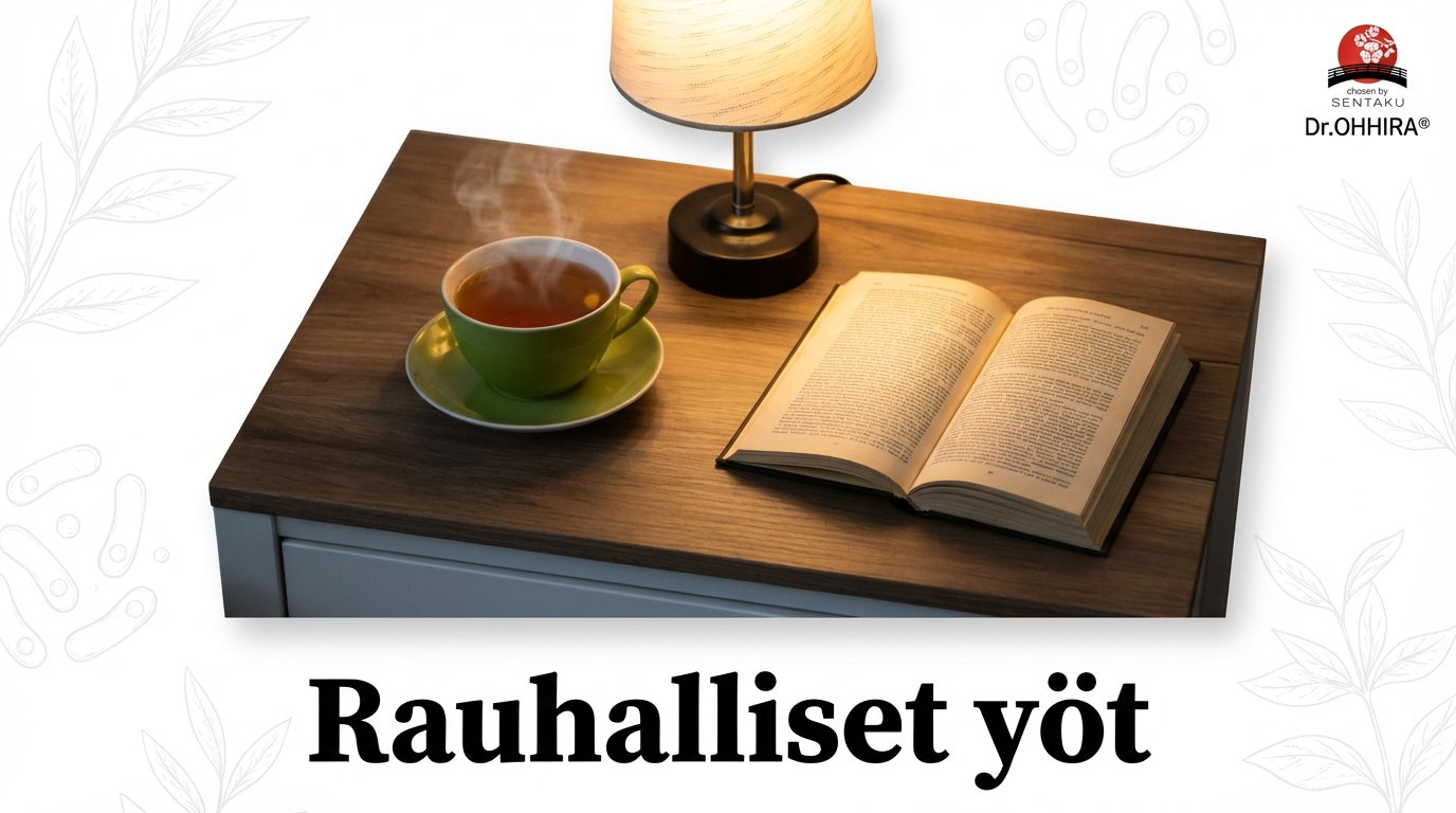 Sängyn vieressä yöpöydällä höyryävä teekuppi, avoin kirja ja lamppu, edistämään rauhallisia öitä.