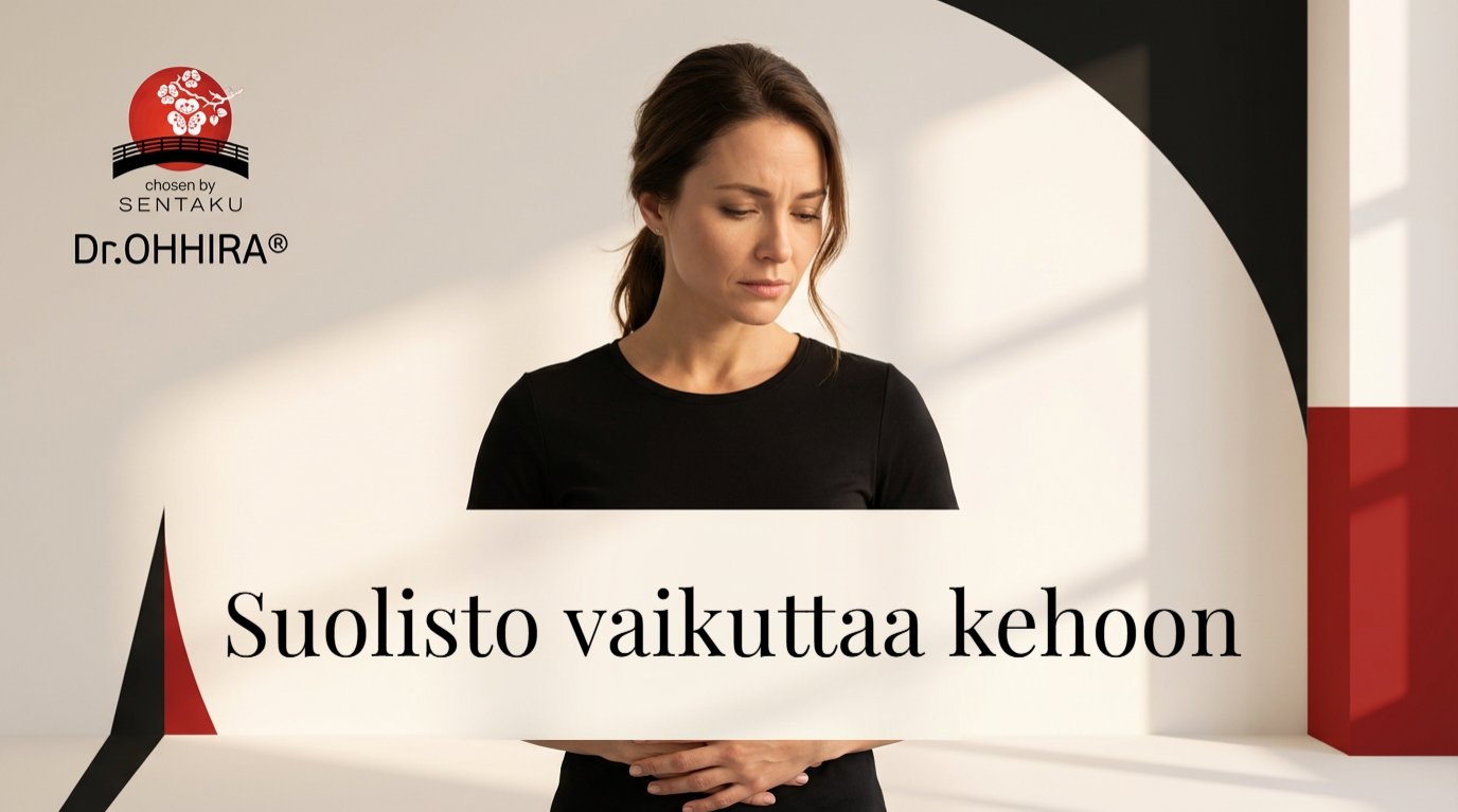 Nainen katsoo alaspäin huolestuneena, ja kuvan alareunassa on teksti 'Suolisto vaikuttaa kehoon'.