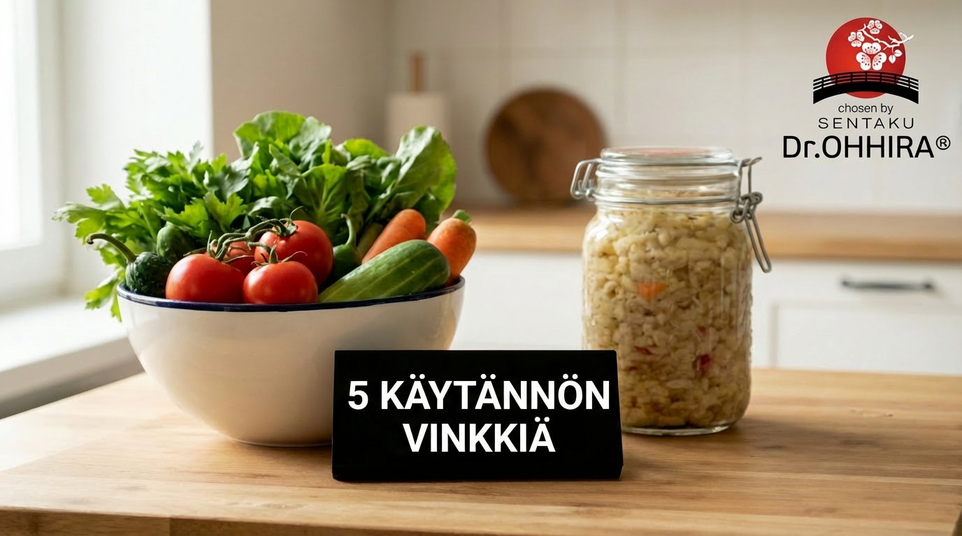 Kulhollinen tuoreita kasviksia, purkki fermentoitua ruokaa ja kyltti '5 KÄYTÄNNÖN VINKKIÄ' keittiön pöydällä.
