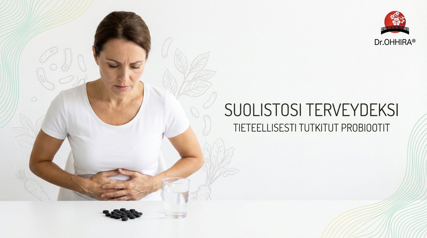 Nainen pitää vatsaansa tuskissaan, vieressään probioottipillereitä ja vesi. Taustalla on Dr. Ohhira® -logo ja teksti.