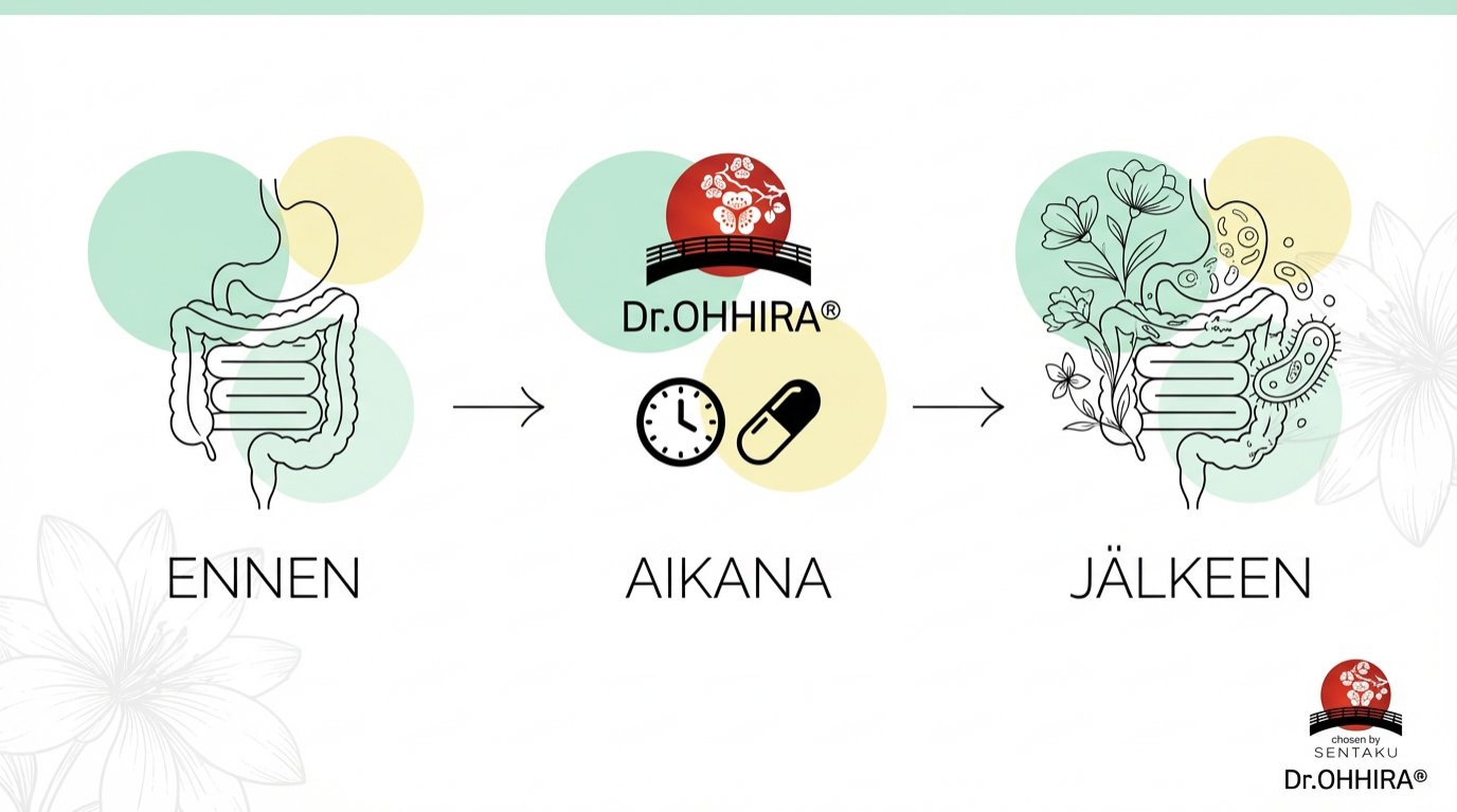 Kuva esittää Dr.OHHIRA®-valmisteen vaikutusta suolistoon: ennen, tuotteen käytön aikana ja sen jälkeen, kun suolisto on terveempi ja sisältää kasvillisuutta sekä mikrobeja.