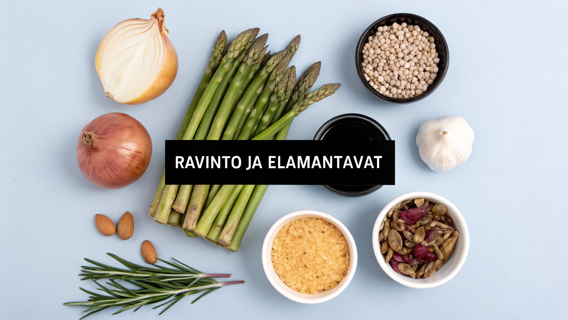 Ylhäältä kuvattu asetelma tuoreita raaka-aineita ja mausteita, jotka symboloivat ravitsemusta ja terveellisiä elämäntapoja.