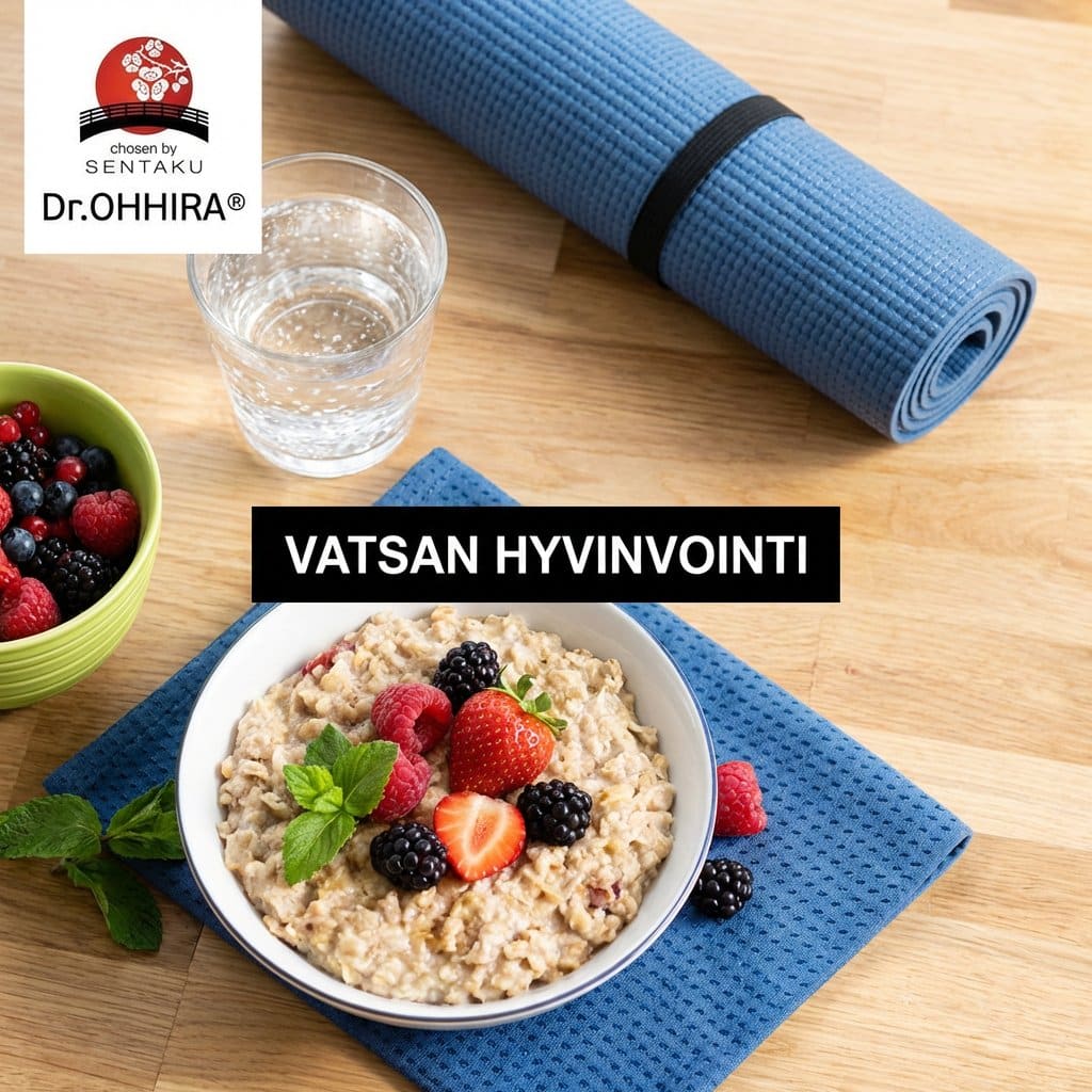 Kulho kaurapuuroa marjoilla, lasi vettä ja joogamatto puupöydällä. Teksti: Vatsan hyvinvointi.