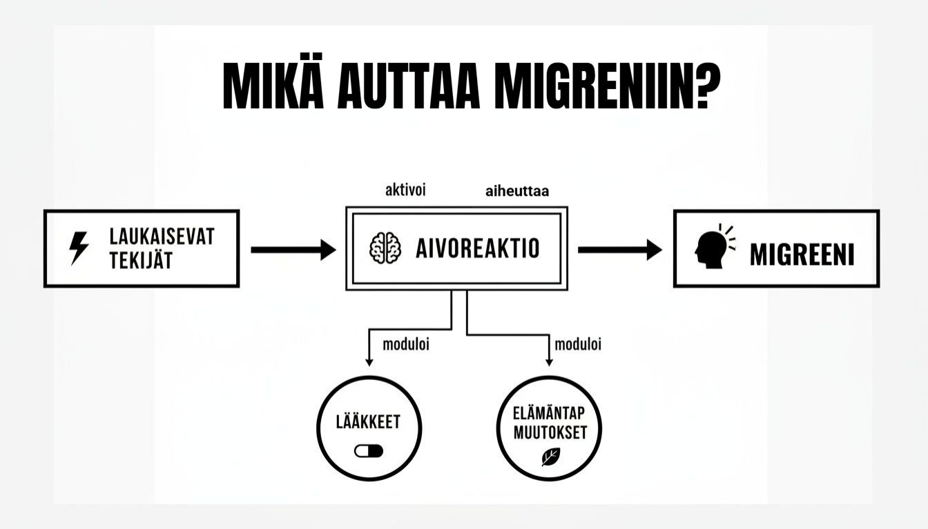 Kaavio näyttää, kuinka laukaisevat tekijät aiheuttavat migreenin ja miten lääkkeet ja elämäntapamuutokset auttavat.