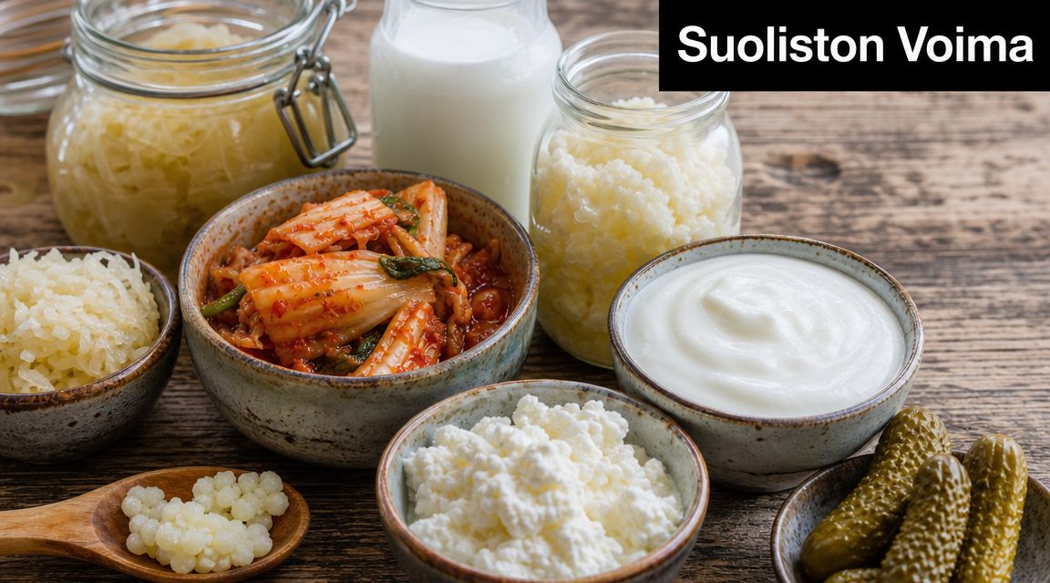 Valikoima fermentoituja ruokia, kuten hapankaalia, kimchiä, jogurttia, raejuustoa ja suolakurkkuja puupöydällä, jotka edistävät vatsan hyvinvointia.