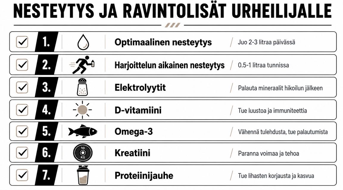 Urheilijoille suunnattu infograafi nesteytyksestä ja ravintolisistä, joka sisältää seitsemän tärkeää suositusta optimaalisen suorituskyvyn tukemiseen.