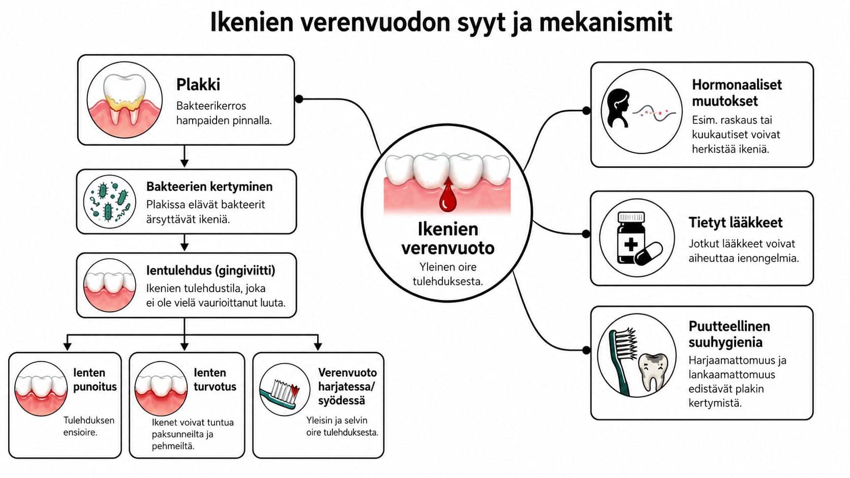 Infografiikka, joka havainnollistaa ikenien verenvuodon yleisiä syitä, kuten plakkia, hormonaalisia muutoksia ja puutteellista suuhygieniaa.