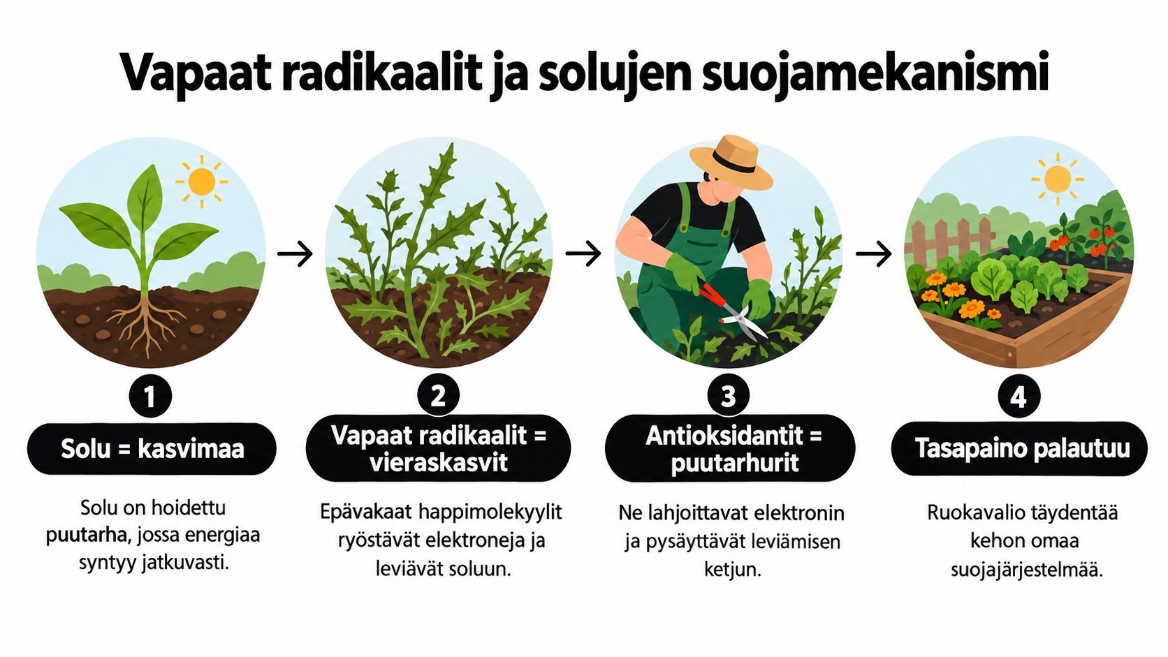 Havainnollistava kuva, joka selittää vapaiden radikaalien vaikutusta soluun ja antioksidanttien palauttavaa roolia puutarhavertauksen avulla.