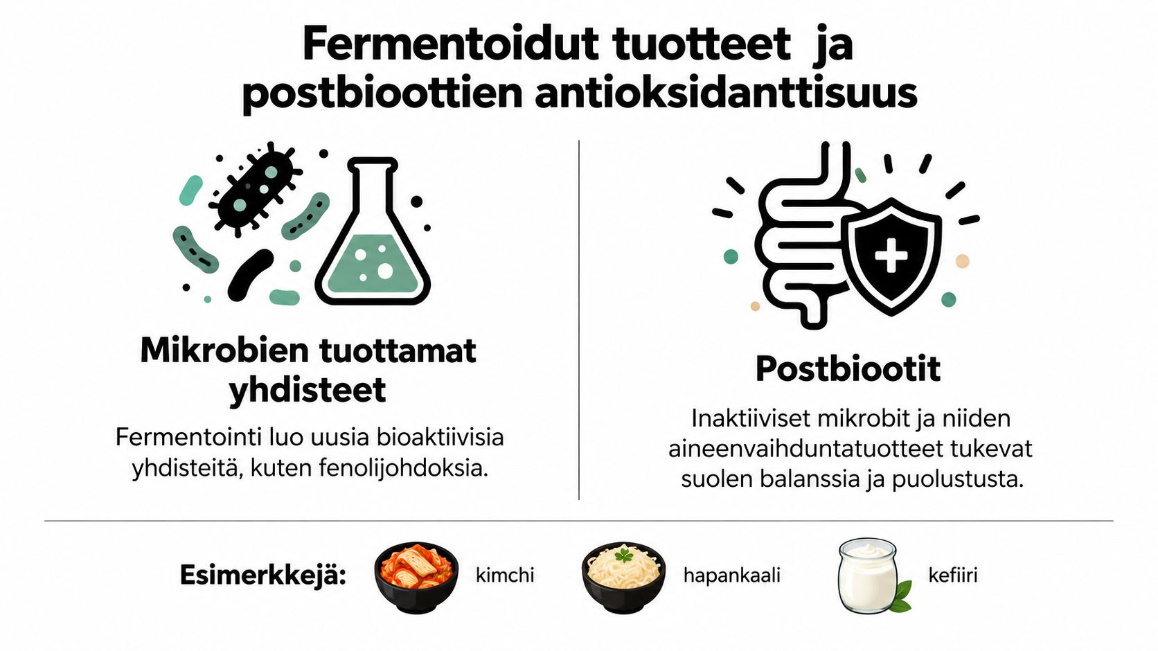 Infograafi selittää fermentoitujen tuotteiden ja postbioottien merkitystä terveyden edistämisessä sekä niiden antioksidanttisia vaikutuksia elimistölle.