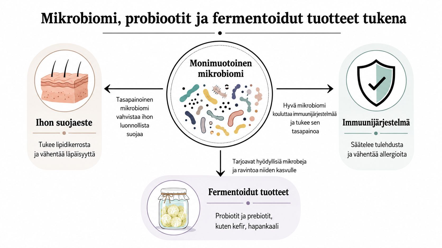 Infografiikka, joka havainnollistaa mikrobiomin, probioottien ja fermentoitujen tuotteiden vaikutuksia ihon suojaesteeseen ja immuunijärjestelmään.