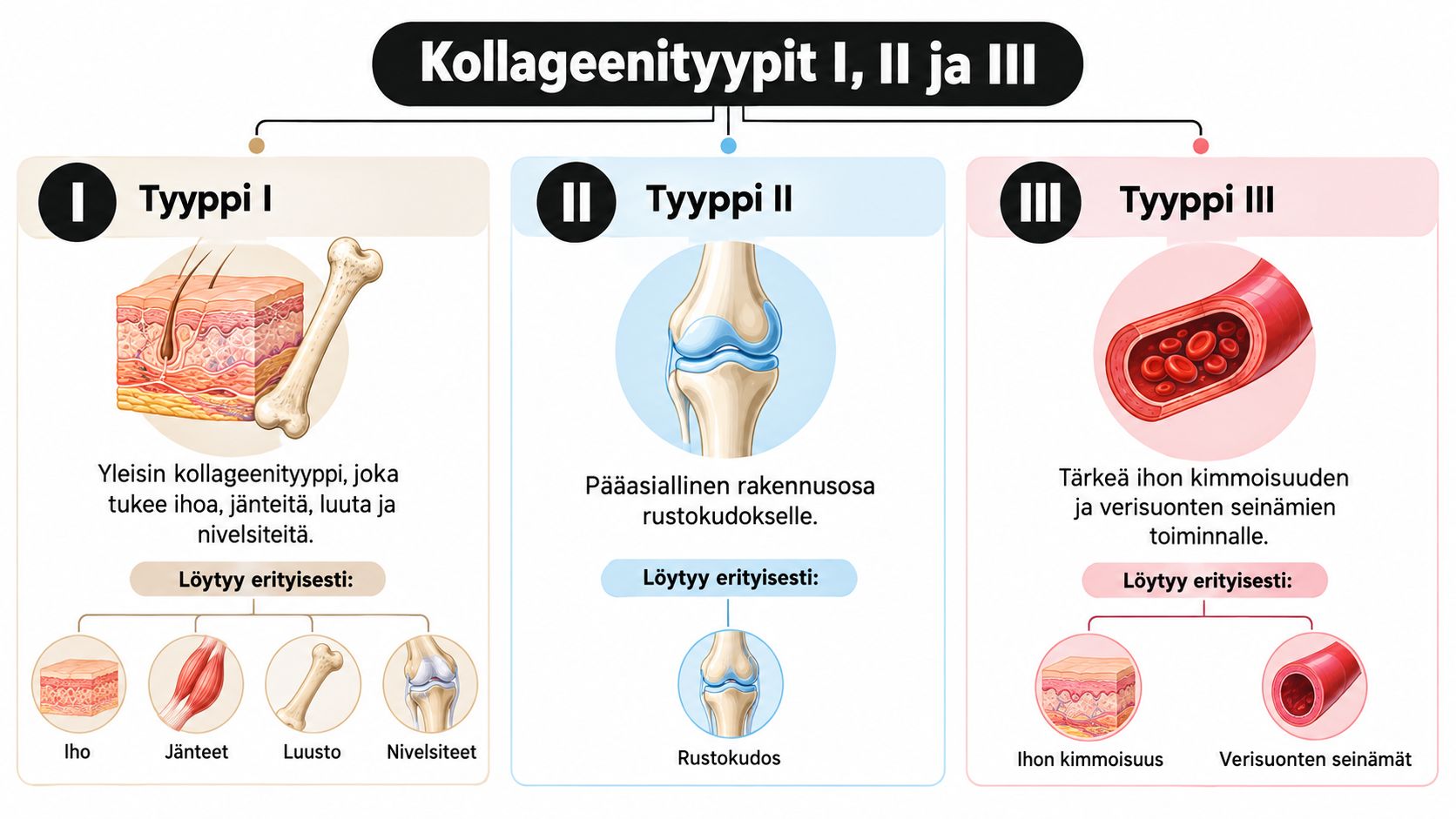 Kaaviokuva, joka esittelee tyypin I, II ja III kollageenien roolit ja sijainnit ihmiskehossa suomeksi.