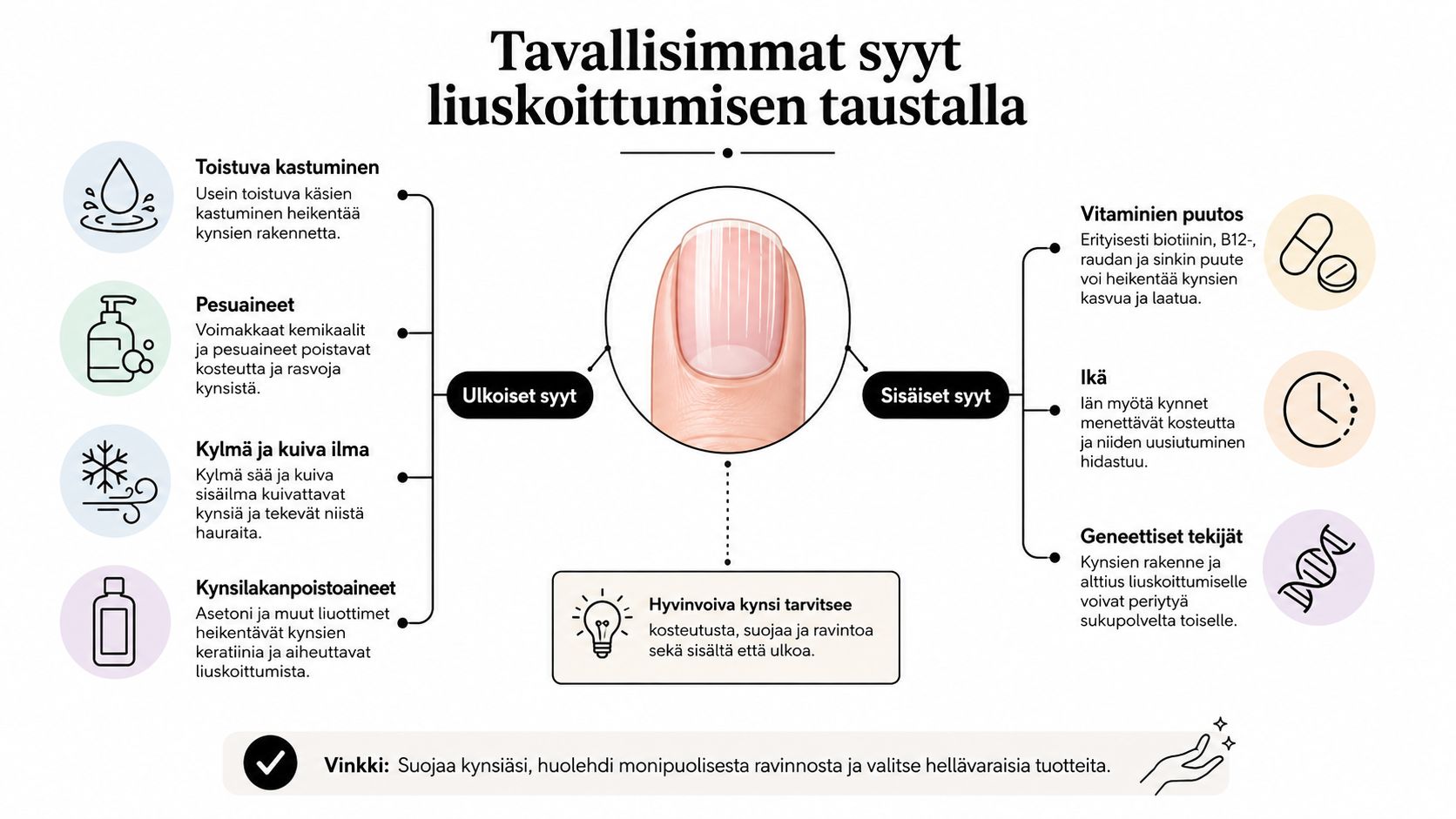 Inforgraafiikka esittelee kynsien liuskottumisen yleisimmät sisäiset ja ulkoiset syyt sekä vinkkejä kynsien hyvinvoinnin parantamiseen.