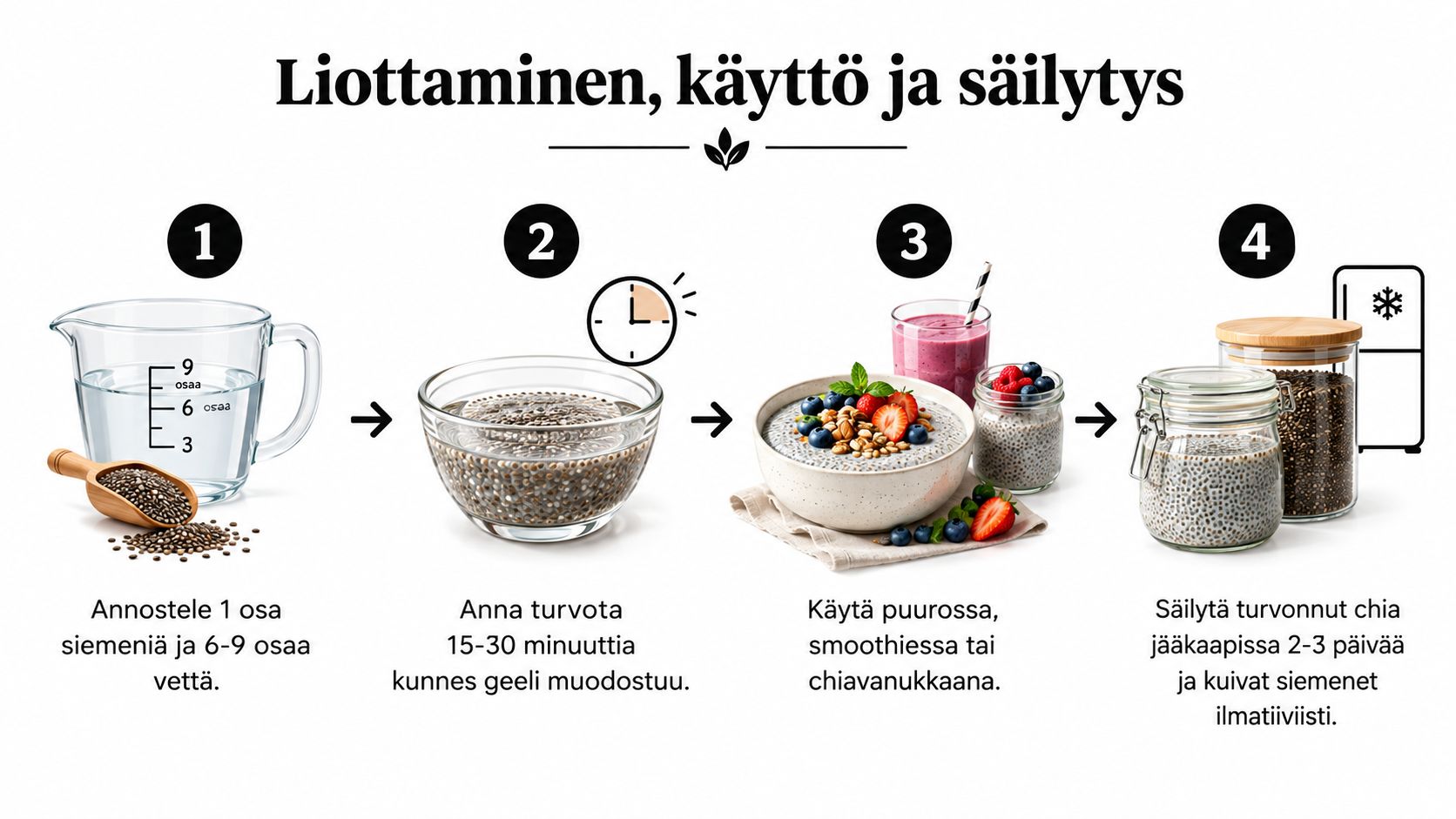 Ohjeistus chian siementen liottamiseen, käyttöön ja säilytykseen neljässä selkeässä vaiheessa suomen kielellä kuvitettuna.