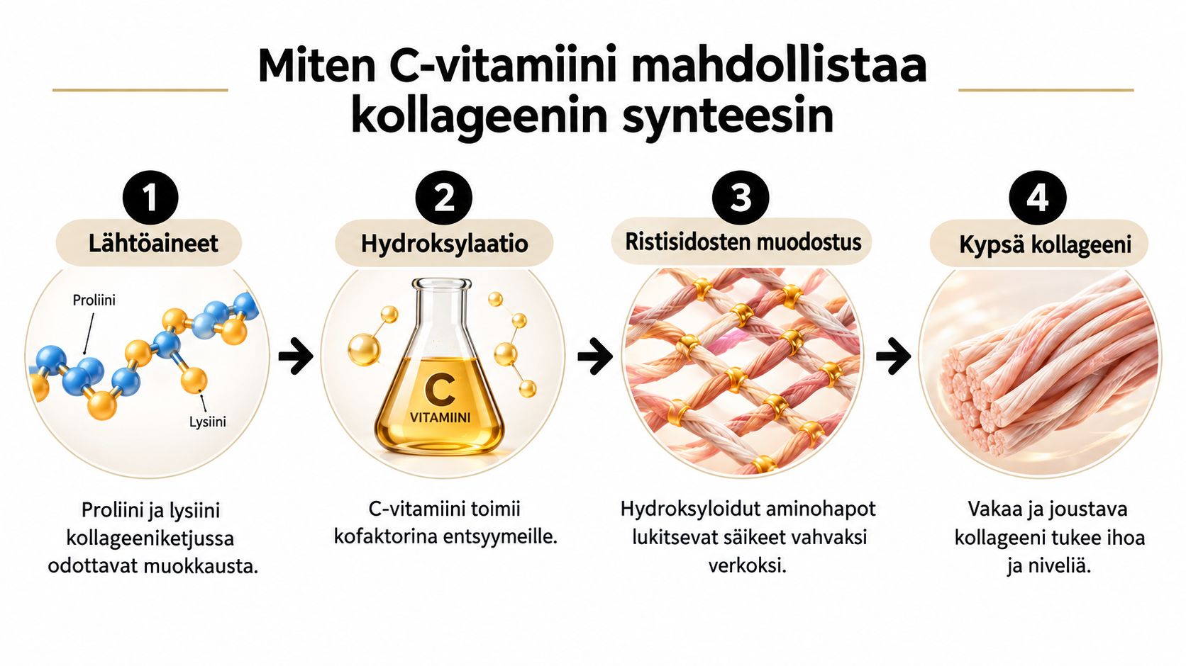 Kaavio havainnollistaa, kuinka C-vitamiini mahdollistaa kollageenin synteesin prosessin neljässä eri vaiheessa alusta loppuun.