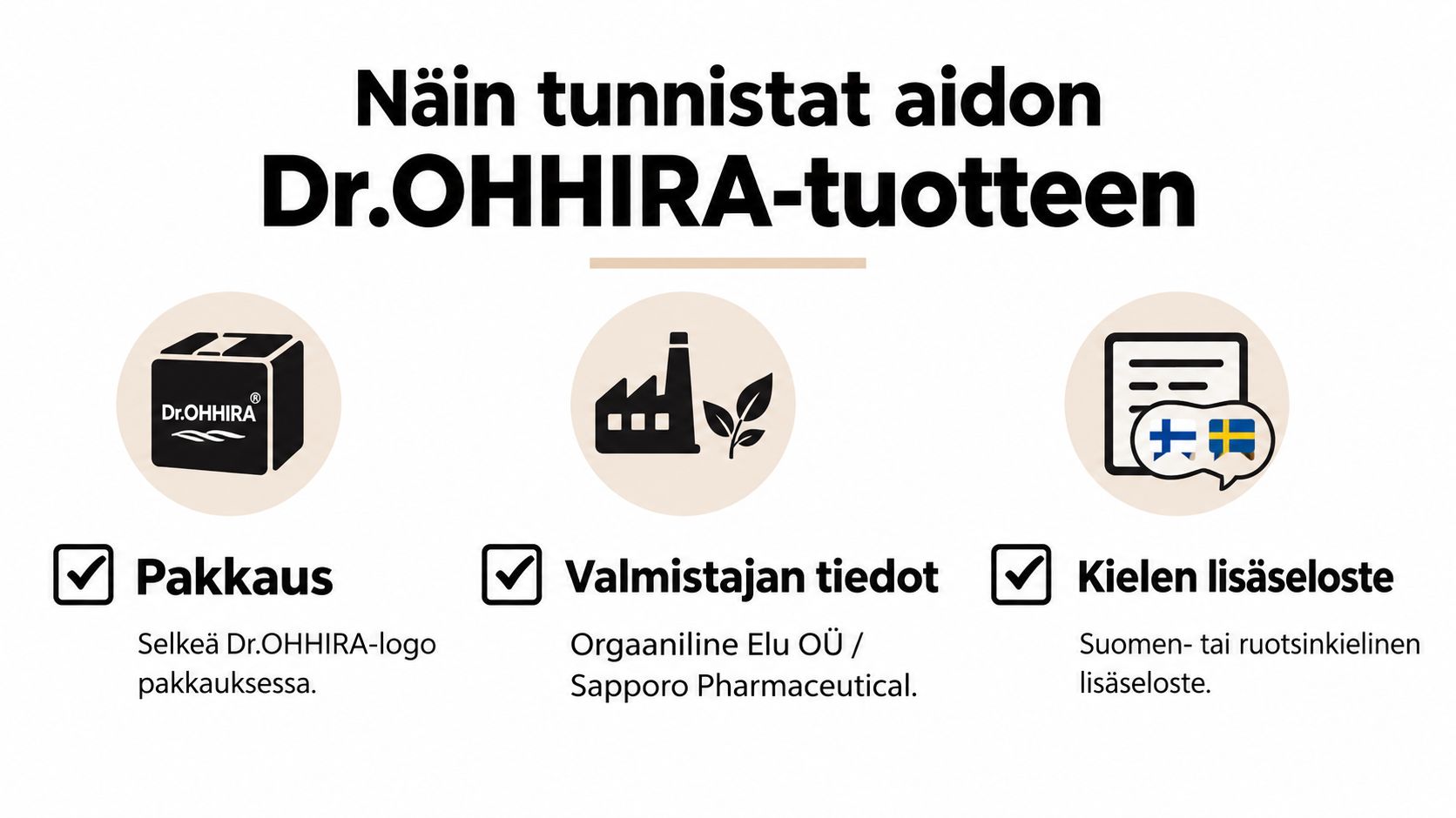 Opaste aitojen Dr.OHHIRA-tuotteiden tunnistamiseen pakkauksen, valmistajan tietojen ja suomen- tai ruotsinkielisen lisäselosteen avulla.
