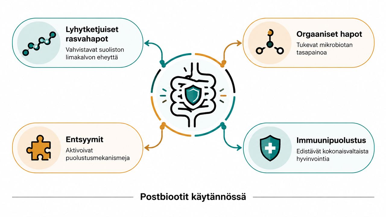 Kaavio, joka esittää postbioottien vaikutusmekanismeja suolistossa, mukaan lukien rasvahapot, entsyymit, orgaaniset hapot ja immuunipuolustuksen tuki.