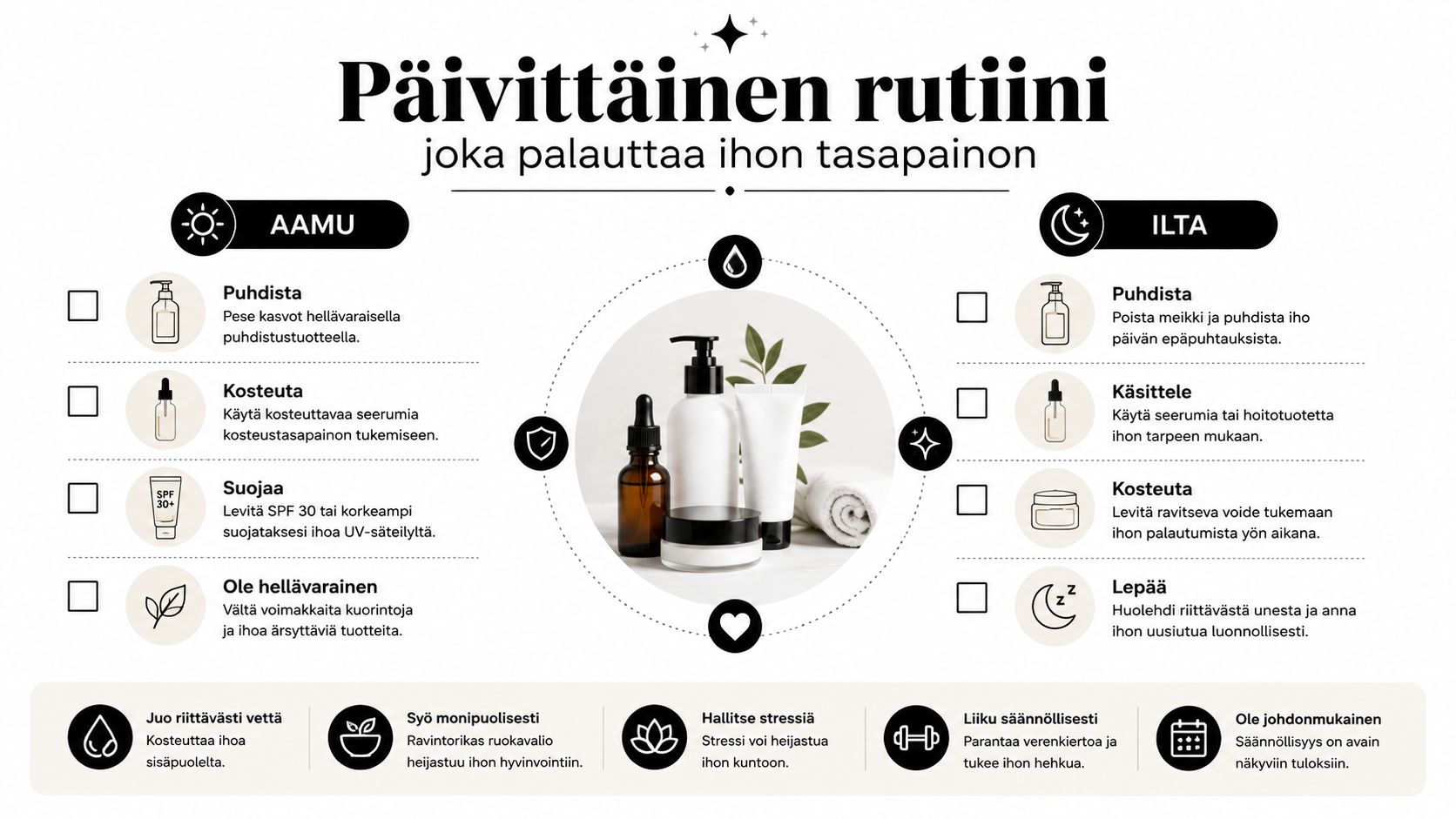 Aamun ja illan ihonhoitorutiini sekä hyvinvointivinkkejä, jotka auttavat palauttamaan ihon luonnollisen tasapainon ja terveyden.