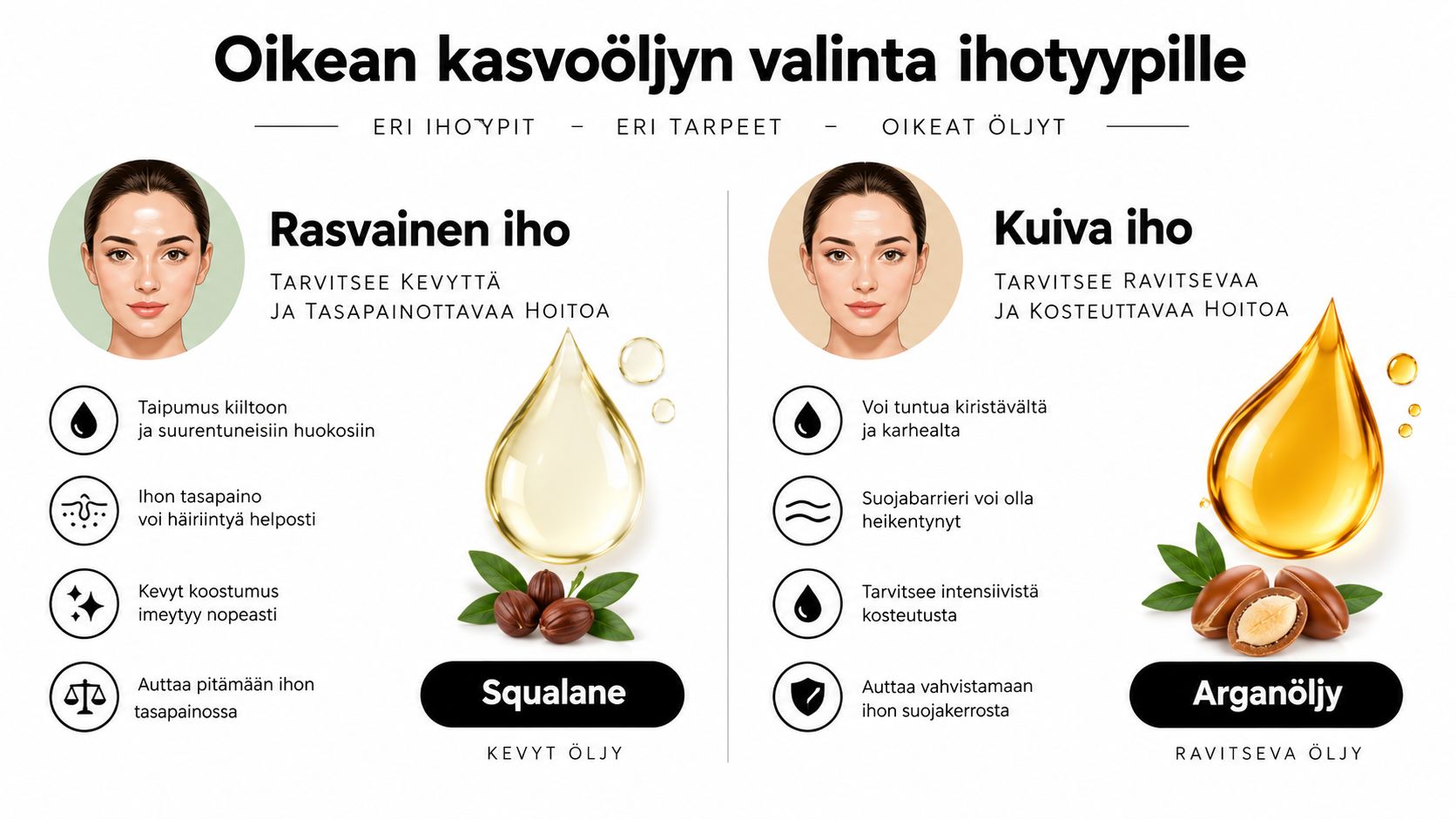 Opas kasvoöljyn valintaan: skvalaani rasvaiselle iholle ja arganöljy kuivalle iholle eri ihotyyppien tarpeiden mukaan.