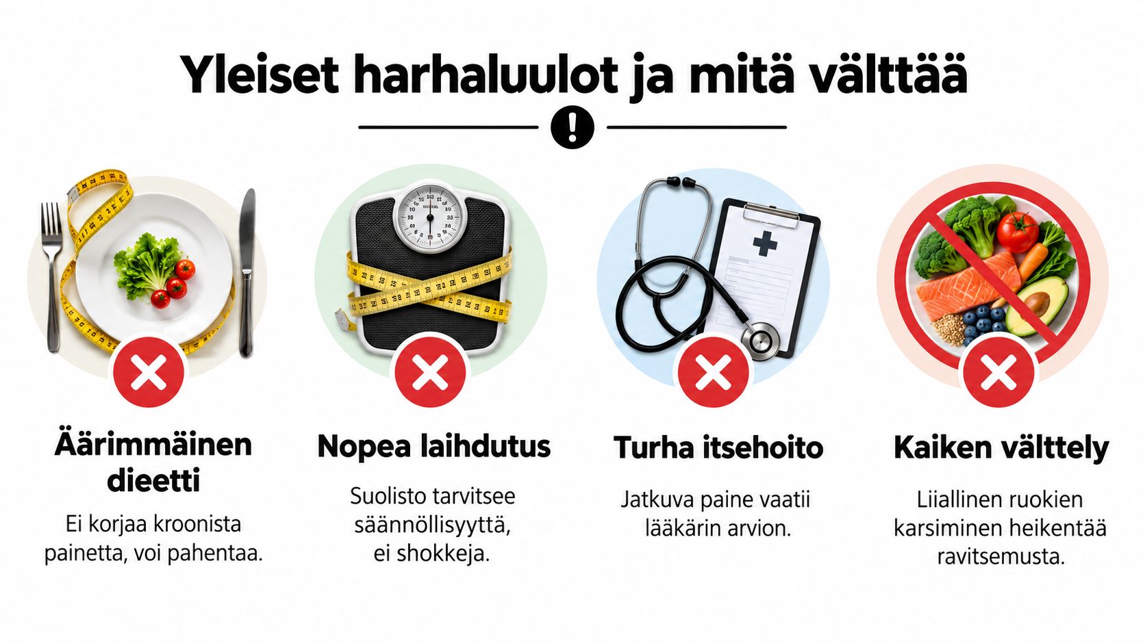 Grafiikka esittelee yleisiä harhaluuloja ja vältettäviä asioita alavatsan paineen tunteen hoitoon liittyen neljässä eri kategoriassa.