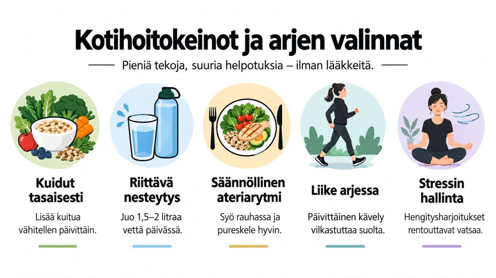 Terveelliset elämäntavat kuten kuidun saanti, riittävä nesteytys, säännöllinen ruokailu, liikunta ja stressinhallinta vatsan hyvinvoinnin parantamiseksi.