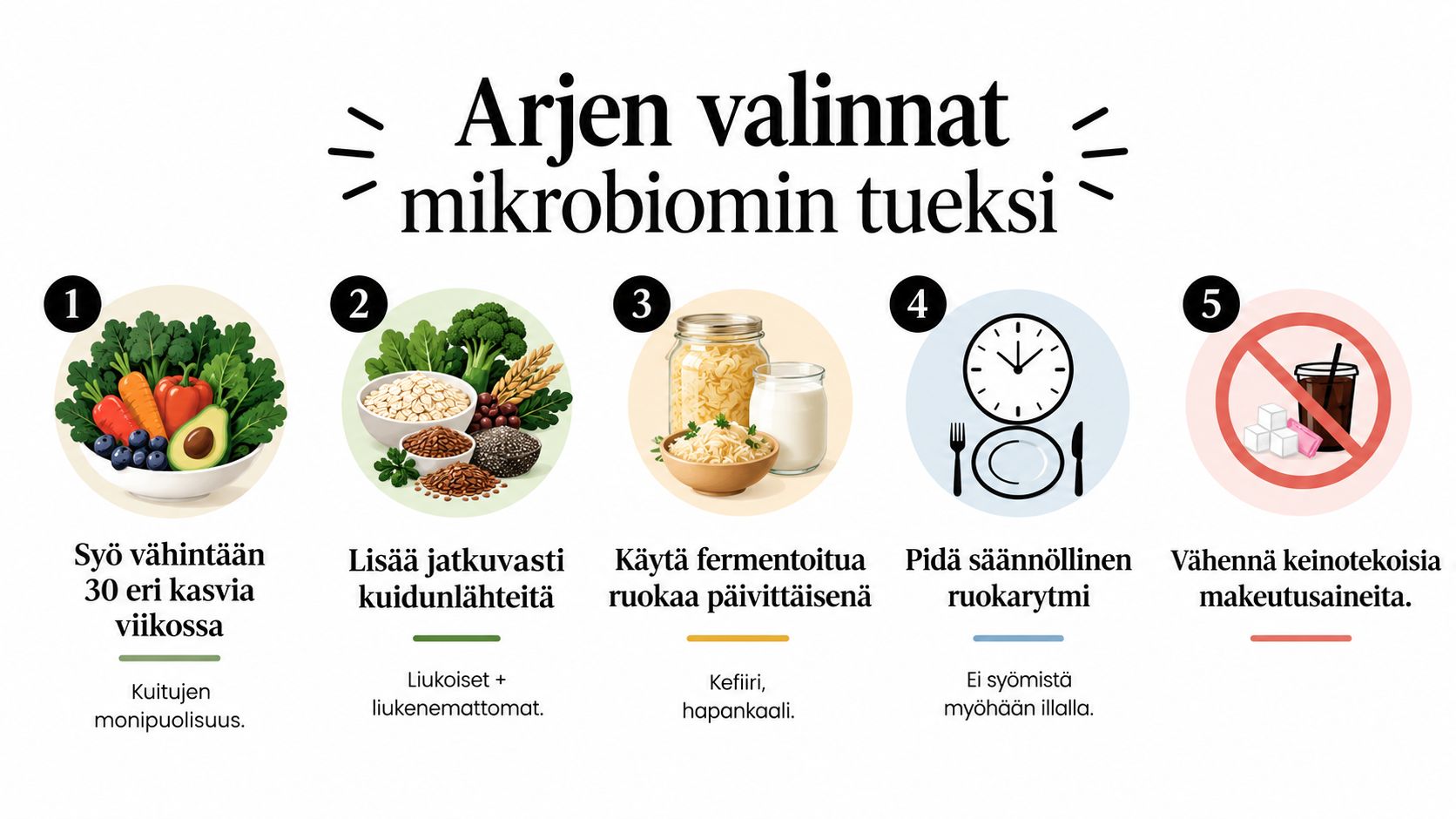 Viiden kohdan ohjeistus suolistomikrobiomin hyvinvoinnin tukemiseen terveellisten ruokavalintojen ja säännöllisen ateriarytmin avulla.