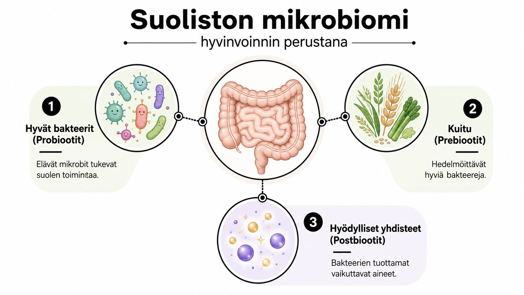 Suoliston mikrobiomin koostumus: probiootit, prebiootit ja postbiootit havainnollistettuna infograafina, joka kuvaa ruoansulatuskanavan terveyden perusteita.