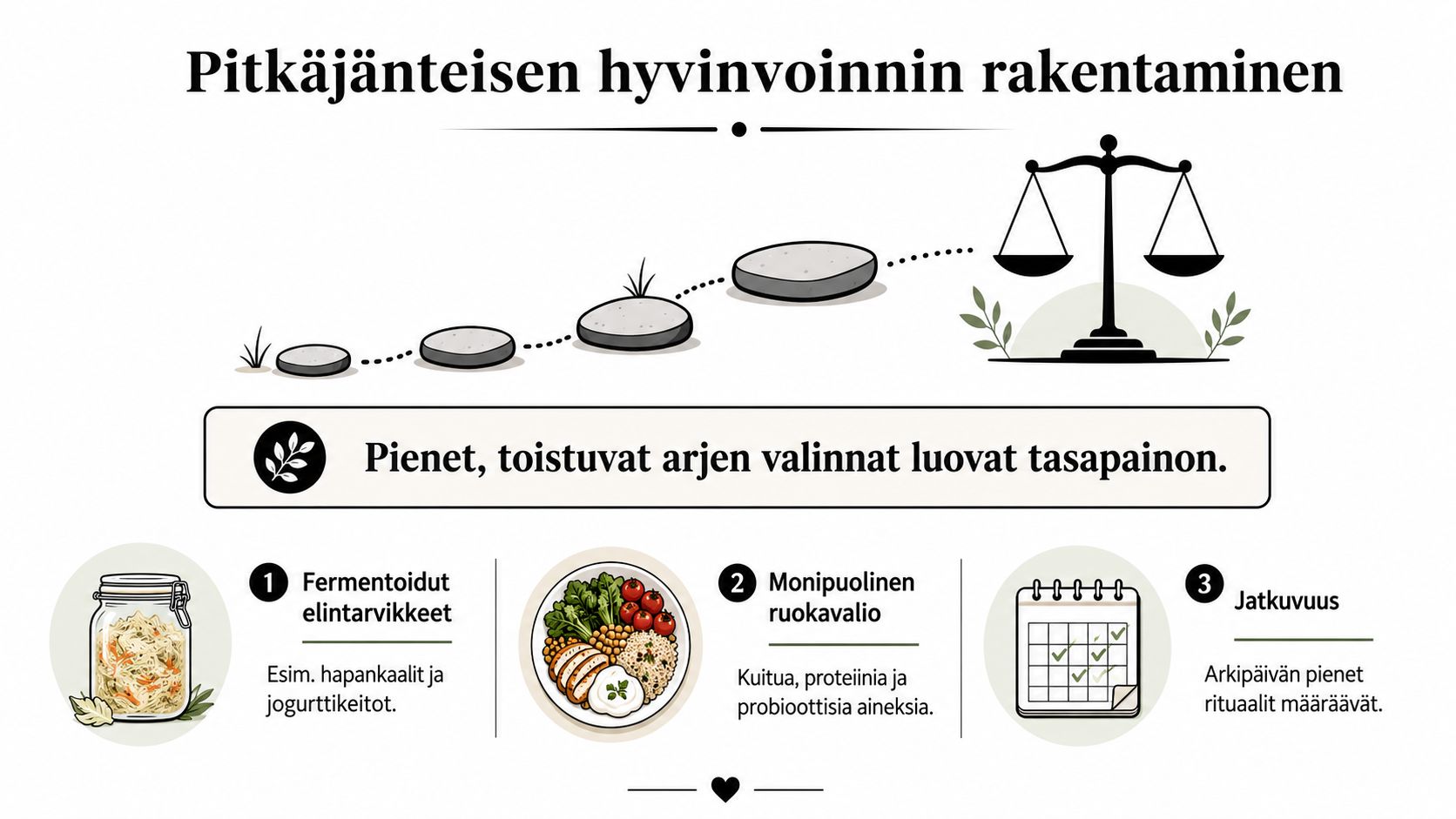 Havainnekuva pitkäjänteisestä hyvinvoinnista: pienet päivittäiset valinnat, kuten fermentoitu ruoka, monipuolinen ruokavalio ja säännöllisyys, luovat tasapainon.
