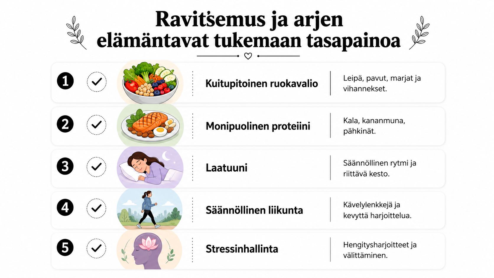 Viisi keskeistä elämäntapaa tasapainon saavuttamiseksi: kuitupitoinen ruokavalio, proteiini, uni, säännöllinen liikunta sekä stressinhallinta elämän tueksi.