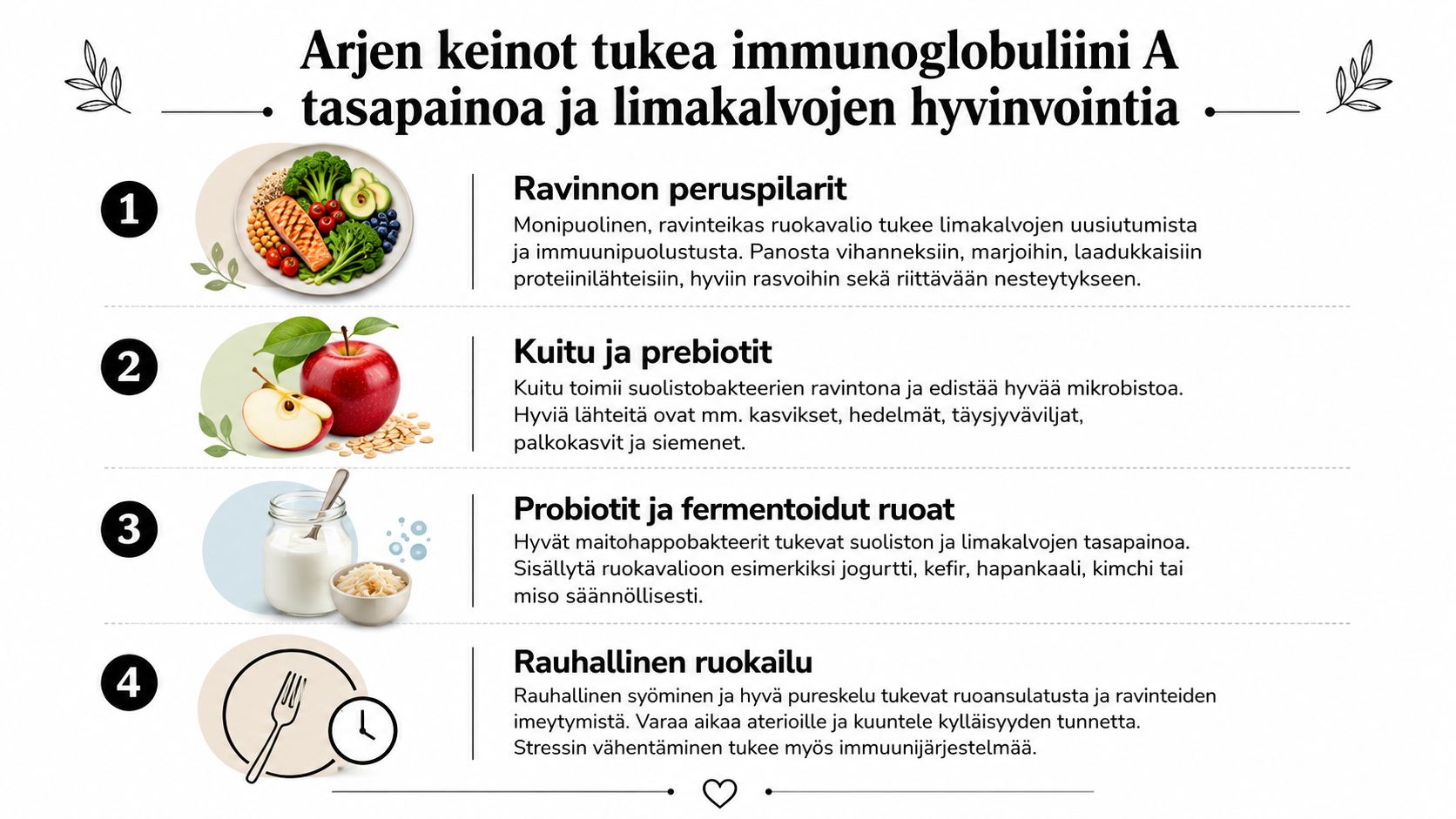 Infografiikka, jossa on neljä vinkkiä immunoglobuliini A:n tasapainon ja limakalvojen hyvinvoinnin tukemiseen arkisilla valinnoilla.