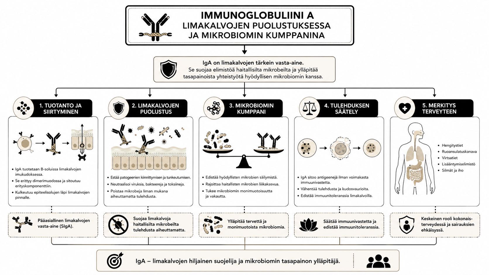 Kaavio, joka selittää immunoglobuliini A:n roolin limakalvojen puolustuksessa ja mikrobiomin tasapainon ylläpidossa ihmisen elimistössä.