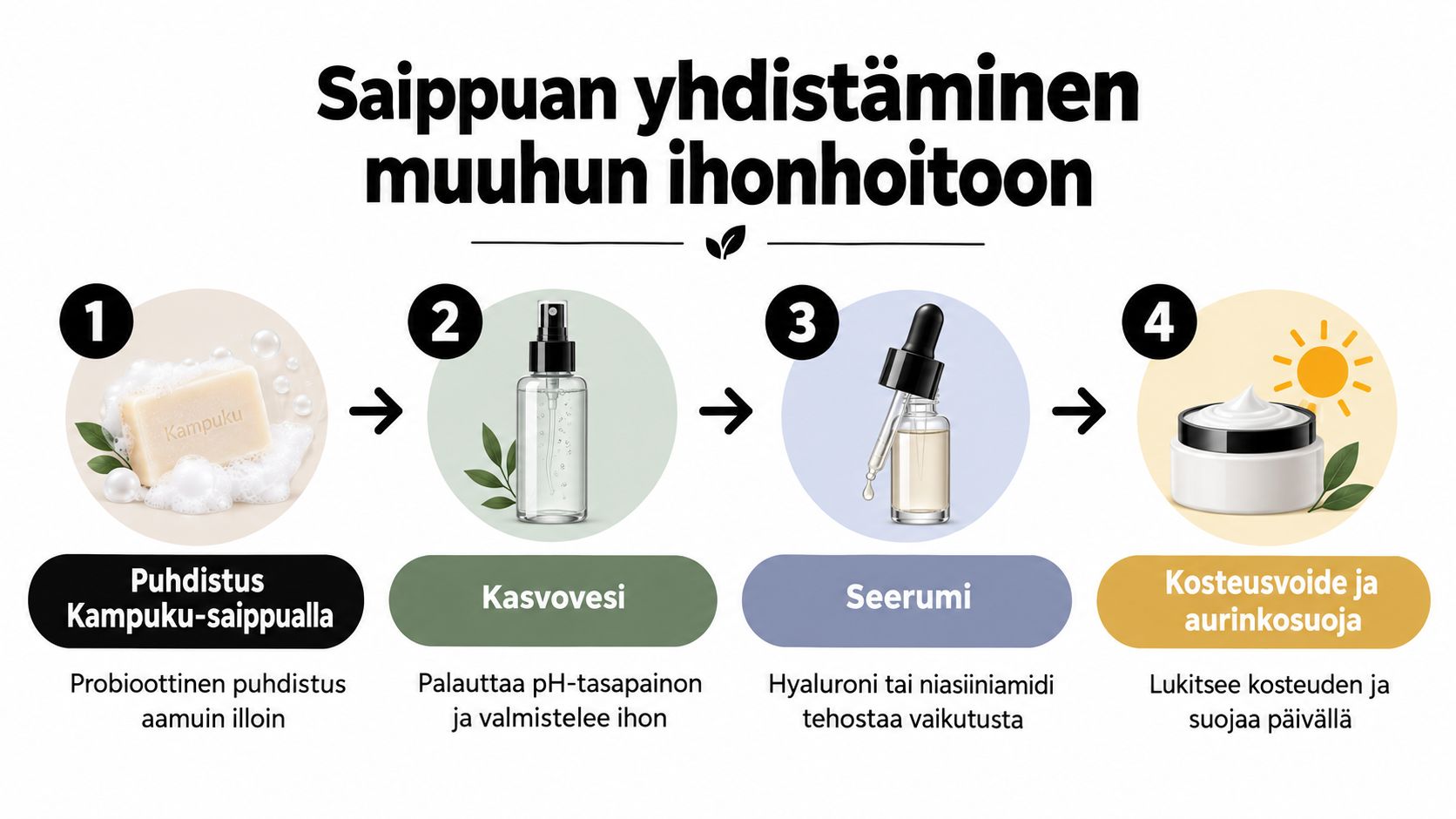 Nelivaiheinen ihonhoitorutiini, jossa käytetään Kampuku-saippuaa, kasvovettä, seerumia sekä kosteusvoidetta ja aurinkosuojaa aamuin illoin.