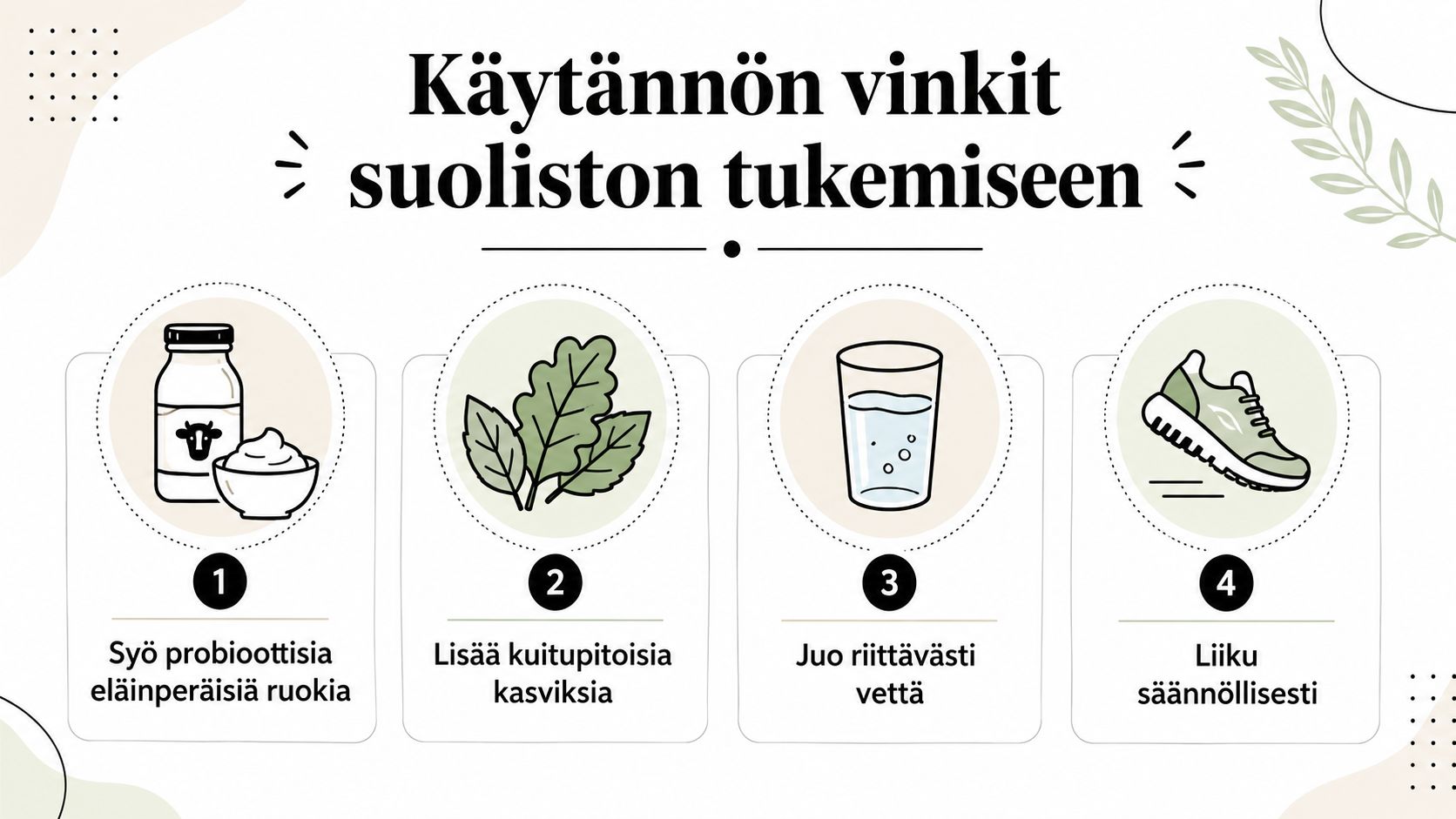Neljä käytännön vinkkiä suoliston terveyden tukemiseen: syö probiootteja, lisää kuidun määrää, juo riittävästi vettä ja liiku säännöllisesti.