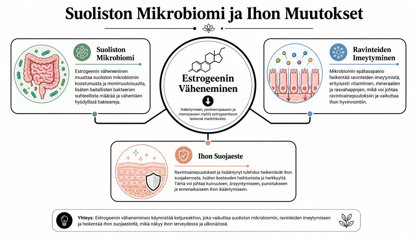 Kaavio, joka havainnollistaa estrogeenin vähenemisen vaikutuksia suoliston mikrobiomiin, ravinteiden imeytymiseen ja ihon suojakerroksen hyvinvointiin vaihdevuosien aikana.