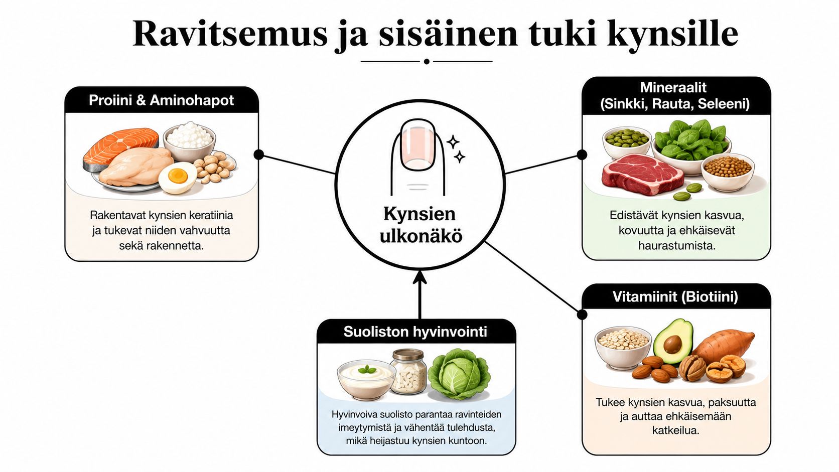 Kaavio, joka esittelee ravinnon ja sisäisen tuen merkitystä kynsien ulkonäölle, vahvuudelle ja terveydelle suomeksi selitettynä.