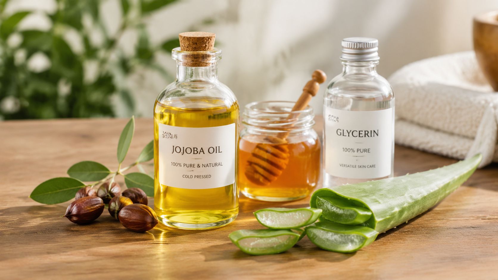 Lasipulloja, joissa on jojobaöljyä ja glyseriiniä, hunajapurkki, aloe vera -lehtiä ja jojoban siemeniä puisella pöydällä.