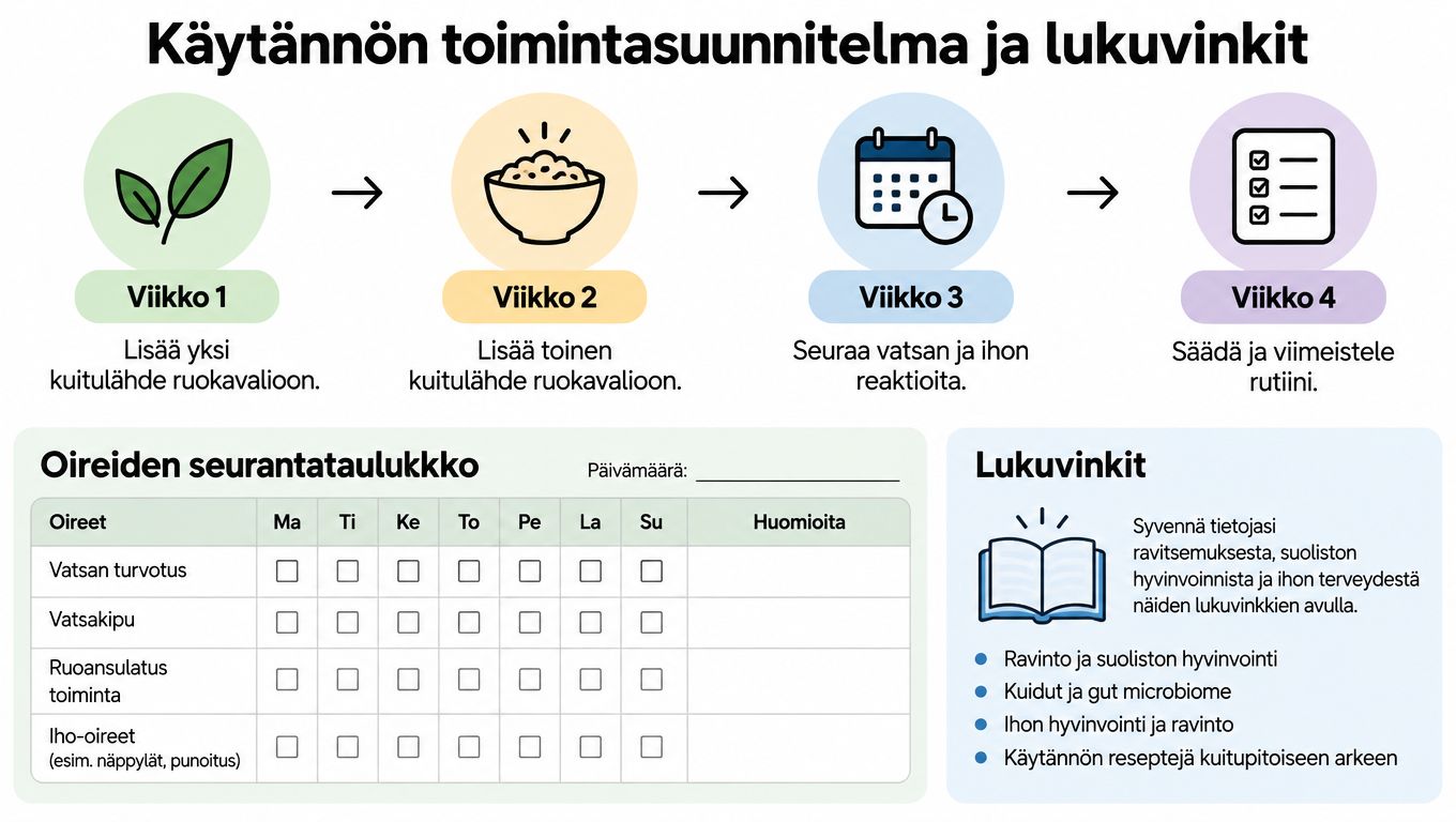 Neliviikkoinen toimintasuunnitelma ja oireiden seurantataulukko ruokavalion muutoksia varten, sisältäen ohjeita kuitupitoisen ruokavalion ja hyvinvoinnin seurantaan.