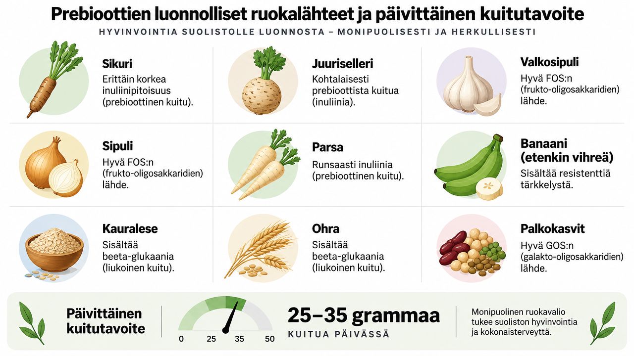 Tietoa prebioottien luonnollisista ruokalähteistä ja päivittäisestä 25–35 gramman kuitutavoitteesta suoliston hyvinvoinnin edistämiseksi.